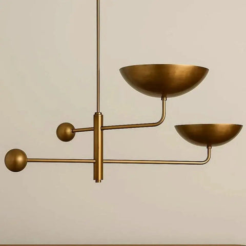 Brass Chandelier Light Fixture, Handmade Sputnik Style Modern Ceiling Light with two bowl shades, perfect for dining rooms.