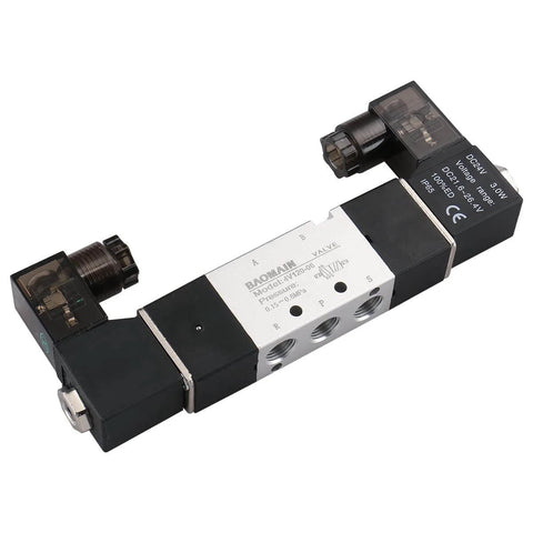 Workhorse Pneumatic Solenoid Air Valve 4V120-06 DC 24V 5 Way 2 Position, view of dual control ports and 1/8 inch thread
