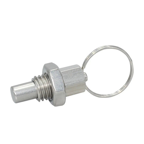 Hardcore 5 Piece Stainless Steel Spring Plunger Locating Pin Kit With Tactile Ring Knob For Slick Mechanical Alignment And Reliable Indexing Operations Pro Grade, single pin with attached ring knob.