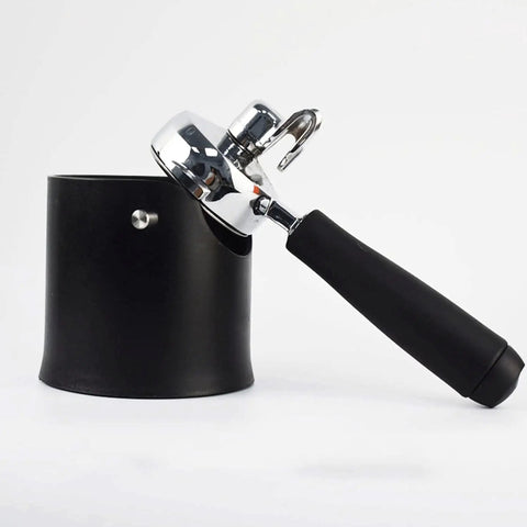 Heavy Duty Shock Absorbent Coffee Knock Box For Espresso Machines with black base and chrome handle, designed for easy disposal.