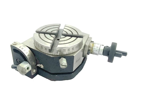 3 Inch Tilting Rotary Table With ER 20 Collet Adapter And M6 Clamp Kit, 80mm Diameter, side view showcasing the precision scale and gear.