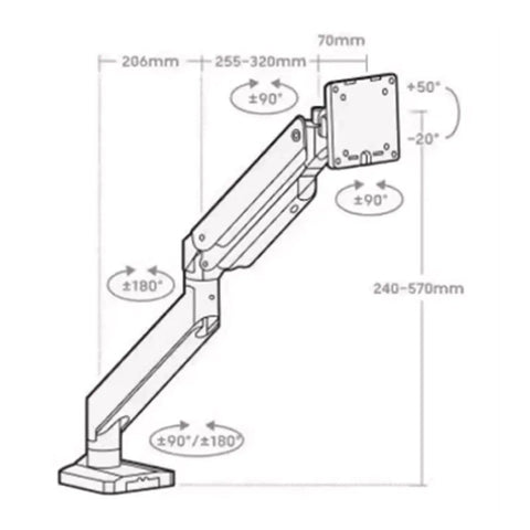 Heavy Duty Dual Monitor Mount For 17 To 32 Inch Screens with adjustable mechanical arm, measurements diagram for setup.