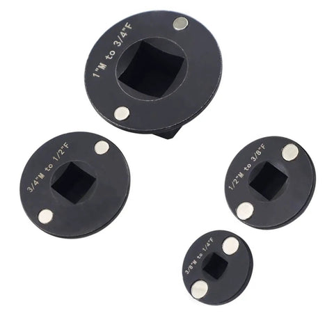 Drive Reducing Socket Adapter Set 4 Piece Low Conversion Kit Inch To 3/4 3/4 To Half Half To 3/8 3/8 To Quarter Drive For Automotive Machinery And Tight Space Repairs Where You Need Some Serious Muscle Now, black Cr-Mo steel adapters