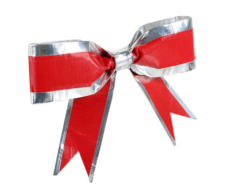 Red and silver bow made from printed duct tape roll tie dye pattern, heavy duty craft tape for repairs and temporary floor marking