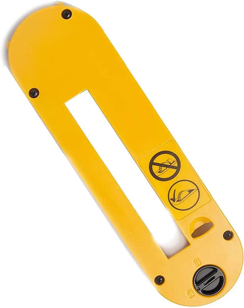 Top view of Rugged Dado Throat Plate For 10 Inch Portable Table Saws With Dado Capability, yellow with locking mechanism.