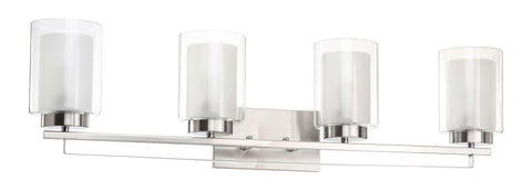 Lit 4 Light Vanity Light With Dual Glass Shades In Brushed Nickel Hardwired Wall Mount Indoor Modern Bath And Kitchen Fixture For Bathrooms Hallways And More, front view