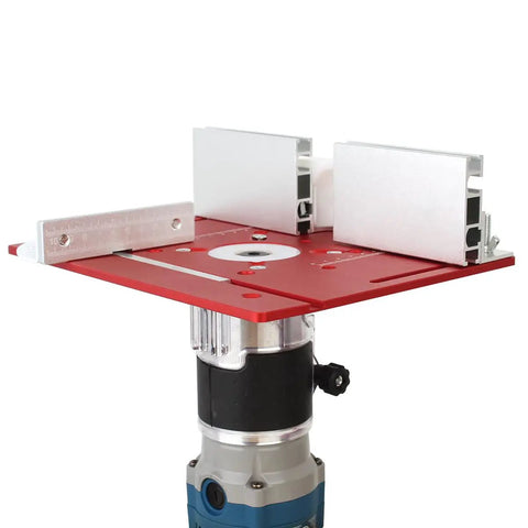 Premium Aluminum Router Table Insert Plate Featuring Quick Flip Lift Mechanism And Precision Miter Channel For Dope Maker Shop Rigs That Provide Zero Slop On Every Cut In Vibrant Red mounted on a router.