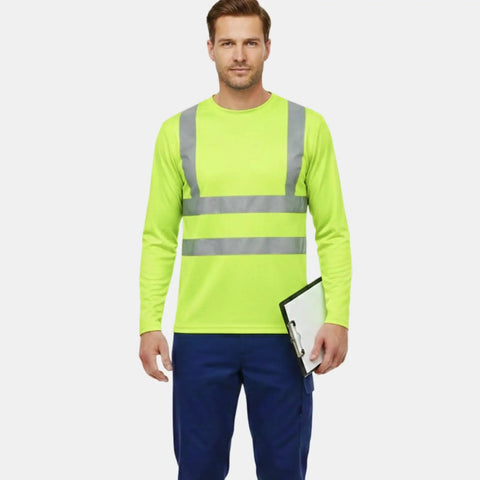 Model wearing Shop Floor Ready Long Sleeve Hi Vis Safety Shirt With Bold Reflective Strips Class Three Ansi Certified Work Tee in yellow.