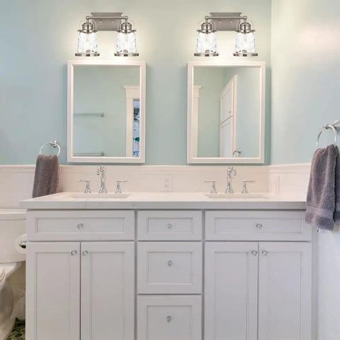 2 Light Vanity Light Fixtures In Modern Brushed Nickel Finish For Bathroom Over Mirror Industrial Sconces Wall Lighting With Hammered Glass Shades Vintage Industrial Style Boss Level Glow Ready To Install above white bathroom vanity with double sinks.