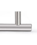 Side view of brushed nickel finish cabinet handle and drawer pull, stainless steel hollow tube with 6 inch overall length, 96mm center to center.