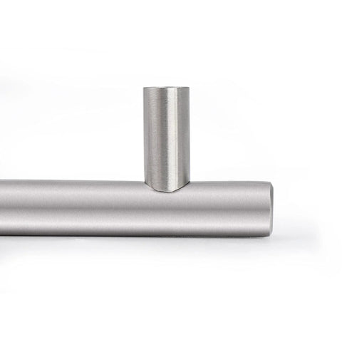 Side view of brushed nickel finish cabinet handle and drawer pull, stainless steel hollow tube with 6 inch overall length, 96mm center to center.