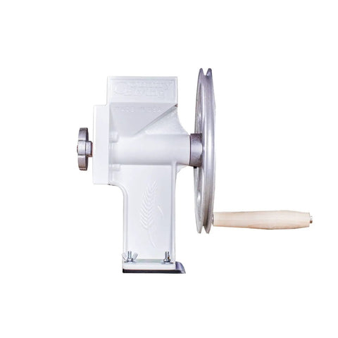 Hand Grain Mill With Industrial Grade Bearings And Aircraft Aluminum Body Made In USA Food Grade Powder Coating Adjustable From Cracked Grain To Cake Flour Lifetime Warranty Ideal For Fresh Flour At Home Or On The Trail