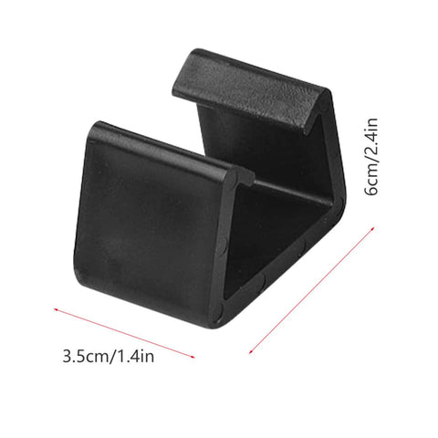 Eight Piece Outdoor Furniture Clips Set Black PP Connectors to Prevent Movement Between Sectional Couches, dimensions shown