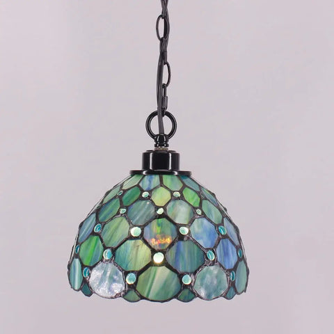Sea Blue Pearl Tiffany Style Pendant Light Plug In Stained Glass Swag Lamp 8x8x181 Inch Hanging Lamp With 180 Inch Cord UL Listed Bulbs Not Included Perfect For Dining Room And Living Room