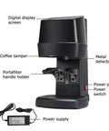 Professional 48mm Stainless Steel Coffee Tamper With Height Adjustable Stand And Pressure Gauge, showing tamper, portafilter holder, and digital screen.