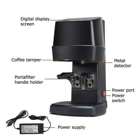 Professional 48mm Stainless Steel Coffee Tamper With Height Adjustable Stand And Pressure Gauge, showing tamper, portafilter holder, and digital screen.
