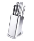 Six Slot Stainless Steel Knife Holder Rack With Anti Skid Pad And Tilt Style Design, knives inserted, angled view.