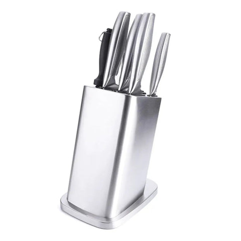 Six Slot Stainless Steel Knife Holder Rack With Anti Skid Pad And Tilt Style Design, knives inserted, angled view.