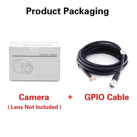 Packaging of Industrial Gigabit Ethernet Camera With Global Shutter For Machine Vision, includes cable, lens not included.