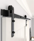 Heavy Duty 6 Foot Sliding Barn Door Hardware Kit For Single Door featuring black aluminum track and carriage mount detail.