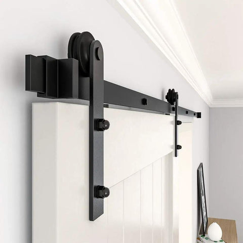 Heavy Duty 6 Foot Sliding Barn Door Hardware Kit For Single Door featuring black aluminum track and carriage mount detail.