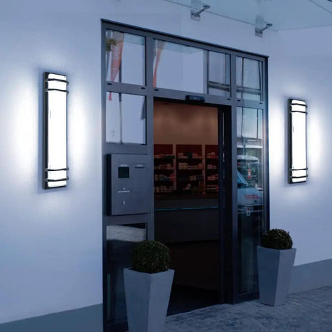 Outdoor LED Wall Lights 36W Black Aluminum Exterior Sconce For Porch Patio Garage Courtyard And Living Areas, 23.6 Inch Long Modern Design 6000K Cool White Lit Outdoor Lighting Fixture mounted on wall by entrance