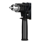 Pro Grade Hand Electric Drill Delivering Solid Punch Action And Sharp High Carbon Steel Bits Variable Speed Setting close-up of chuck and handle.
