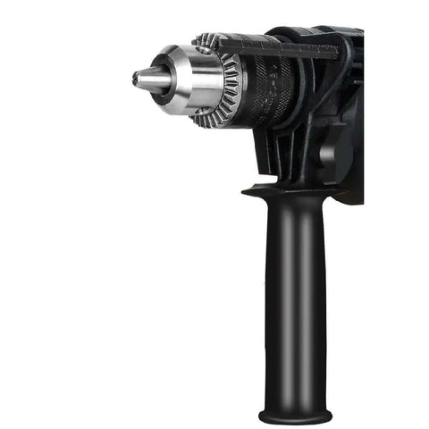 Pro Grade Hand Electric Drill Delivering Solid Punch Action And Sharp High Carbon Steel Bits Variable Speed Setting close-up of chuck and handle.