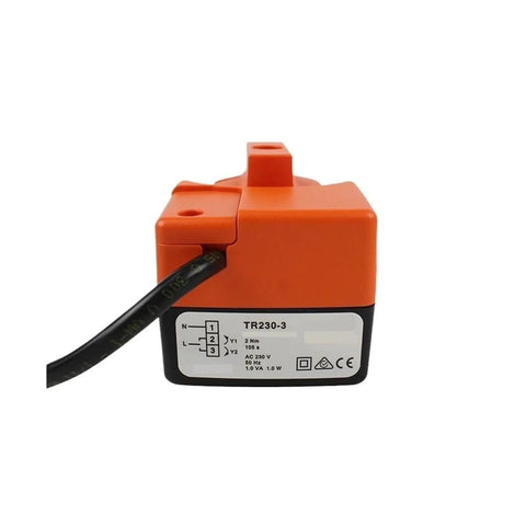 Bulletproof Rotary Actuator Delivering Killer 2Nm Torque And Slick Three Point Floating Control For Hvac Valves And Damper Linkages AC230V Line Voltage Dead Simple Hookup, orange housing with wiring.