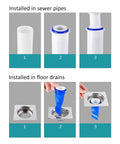 Installation steps of Adjustable Silicone Floor Drain Trap With One Way Backflow Preventer Valve for 1 1/2 to 1 3/4 inch pipes.