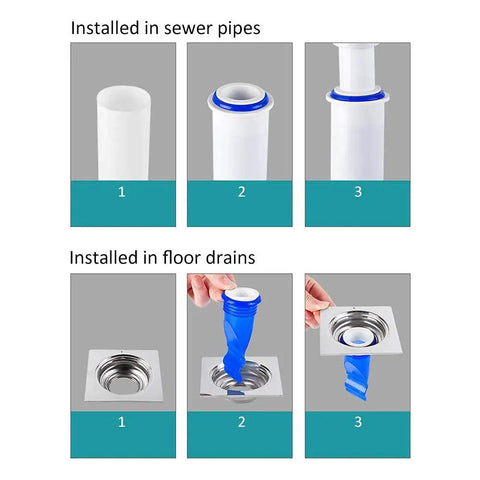 Installation steps of Adjustable Silicone Floor Drain Trap With One Way Backflow Preventer Valve for 1 1/2 to 1 3/4 inch pipes.