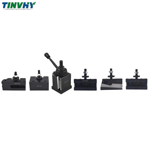 Wedge Type Quick Change Tool Post Set 250-222 for Mini Lathe with durable steel construction and multiple tool holders displayed.