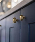Antique Brass Double Ring Oval Cabinet Knobs Set Of 12 For Kitchen And Furniture Vintage Hardware With Concave Center on navy cabinets