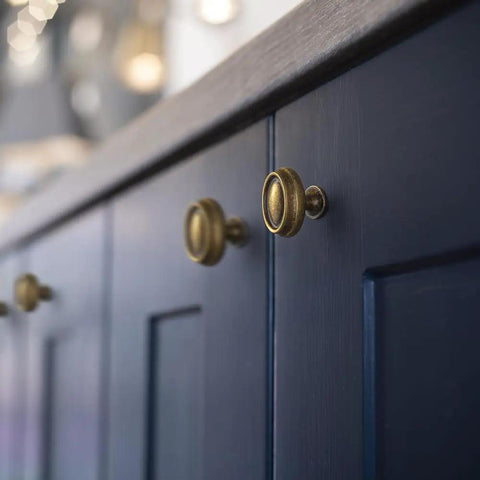 Antique Brass Double Ring Oval Cabinet Knobs Set Of 12 For Kitchen And Furniture Vintage Hardware With Concave Center on navy cabinets