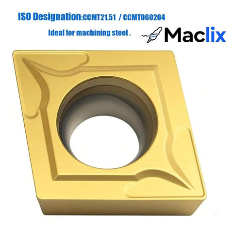 Maclix carbide turning insert, CCMT060204/CCMT21.51, yellow coated with central hole