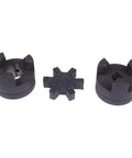 Front view of a 3-piece L-jaw coupling set: black plastic hubs and a star-shaped Buna-N rubber spider.