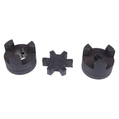 Front view of a 3-piece L-jaw coupling set: black plastic hubs and a star-shaped Buna-N rubber spider.