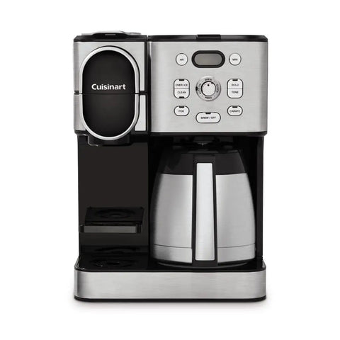Two In One Coffee Maker With Ten Cup Thermal Carafe And Single Serve Brewer With Over Ice Function Fully Automatic Pod And K Cup Compatible For Four To Twelve Oz Brews Black And Stainless Finish, front view