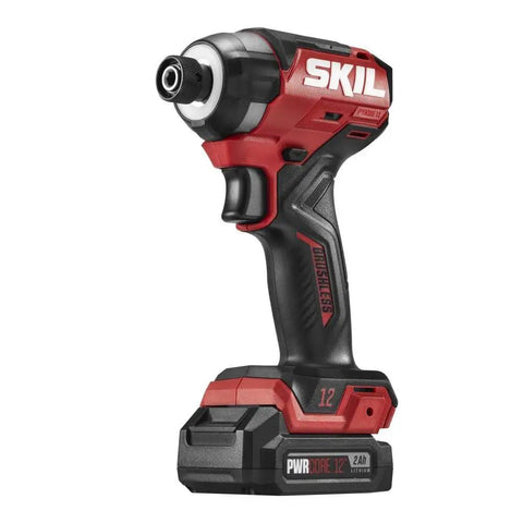 Red Power Core 12 Brushless 12V Compact Drill Driver and Impact Driver Kit with 2.0Ah Battery for tight spaces, side view