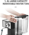 Person removing 1.5L water tank from 20 Bar Espresso Machine With Milk Frother Wand And 1.5L Removable Water Tank For Espresso Cappuccino Latte Macchiato At Home Black Delivers Rich Crema And Barista Vibes In Every Brew