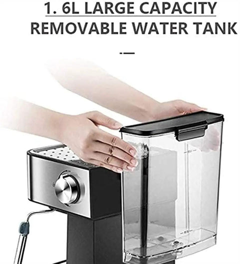 Person removing 1.5L water tank from 20 Bar Espresso Machine With Milk Frother Wand And 1.5L Removable Water Tank For Espresso Cappuccino Latte Macchiato At Home Black Delivers Rich Crema And Barista Vibes In Every Brew