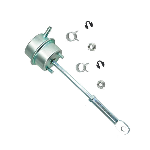 Side view of turbo wastegate vacuum actuator with mounting rod and assorted hardware