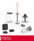 Cordless Hand Blender With Battery Included And Removable Blending Arm Features Stainless Steel Blades Plus Whisk Attachment collection with pitcher and charger.