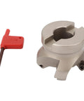 Face mill CNC milling cutter with four flutes and silver body; red plastic hex key