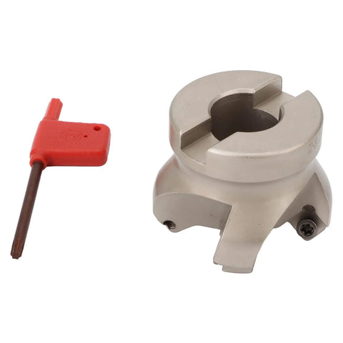Face mill CNC milling cutter with four flutes and silver body; red plastic hex key