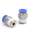 Two nickel-plated brass One Quarter Inch Tube OD to NPT Male Straight Push-To-Connect Pneumatic Fittings with blue accents for air systems