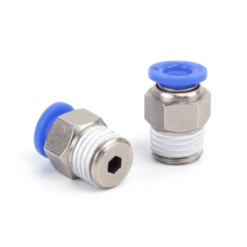 Two nickel-plated brass One Quarter Inch Tube OD to NPT Male Straight Push-To-Connect Pneumatic Fittings with blue accents for air systems