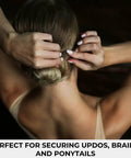 Solid Ball Tipped Hair Pins 320 Count Brown Crimped Styling Clips being used to secure hair into a bun.