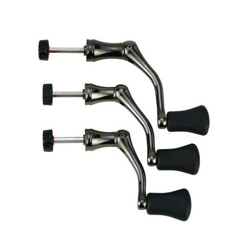 Heavy Duty Aluminum Fishing Reel Handle With Metal Rocker Grip For Spin Reels, full metal build, showing three sizes