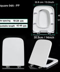 White Soft Close Toilet Seat Quick Release Square Design featuring dimensions 33.5 cm by 45 cm and adjustable length.